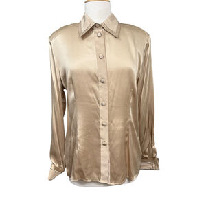 Vintage TESS 100% Silk Blouse with Matching Scarf Gold Beige Size 12